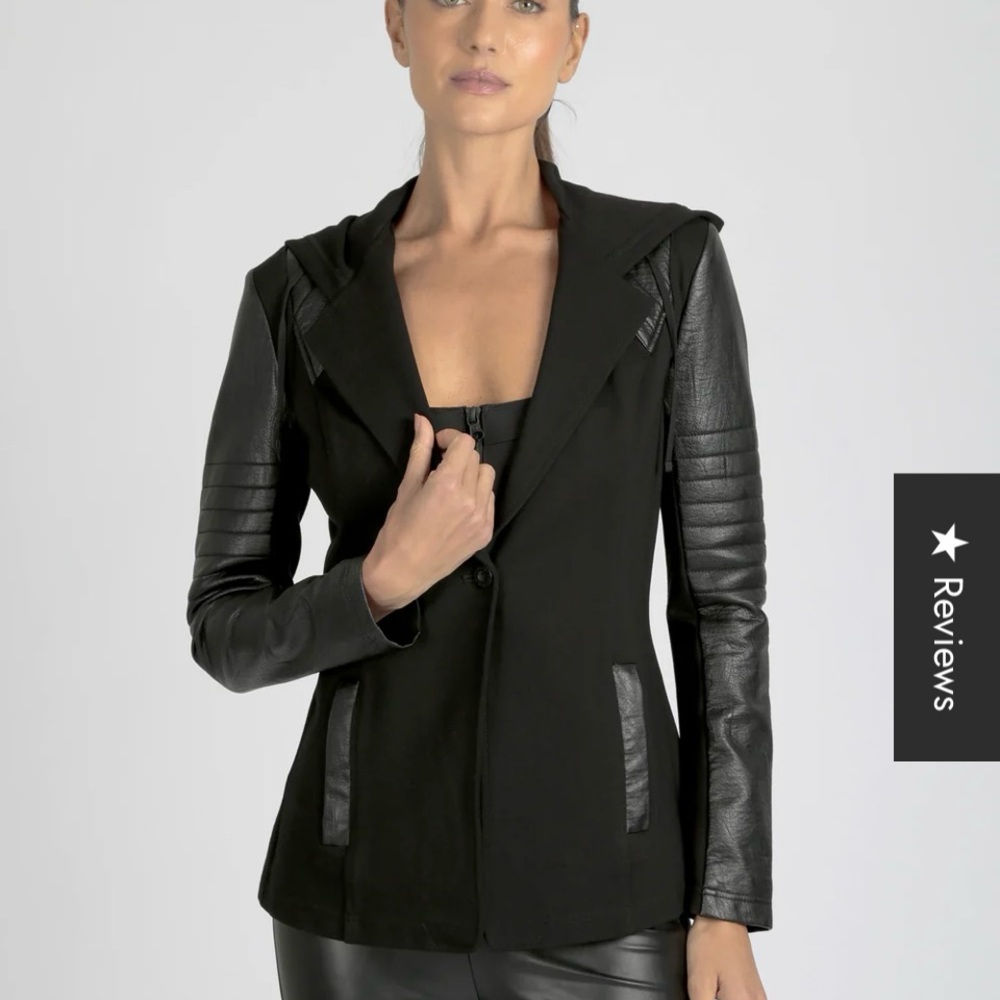 Blanc Noir Black Blazer with Leather Accents